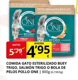 Supermercados MAS ONE Comida gato esterilizado buey trigo, salmón trigo o bola de pelos pollo oferta