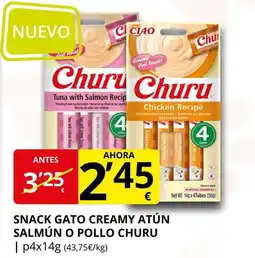 Supermercados MAS CHURU Snack gato creamy atún salmún o pollo oferta