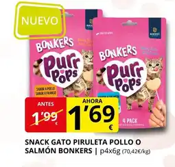 Supermercados MAS BONKERS Snack gato piruleta pollo o salmón oferta