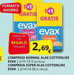 Supermercados MAS EVAX Compresa normal alas cottonlike oferta