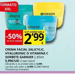 Supermercados MAS GARNIER Crema facial salicylic, hyaluronic o vitamina c sorbete oferta