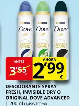 Supermercados MAS DOVE Desodorante spray fresh, invisible dry o original advanced oferta