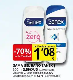 Supermercados MAS SANEX Gama gel baño oferta