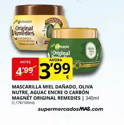 Supermercados MAS Mascarilla miel dañado, oliva nutre, aguac encre o carbón magnét original remedies oferta