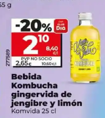 Dia KOMVIDA Bebida Kombucha gingervida de jengibre y limón oferta