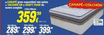 Canapé gran capacidad con patas + colchón hr y adapt foam de suave acogida