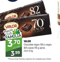 Coviran VALOR Chocolate negro 70% o negro 82% cacao oferta