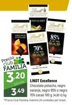 Coviran LINDT Excellence Chocolate pistacho, negro 3.49 naranja, negro 85% o negro 70% cacao oferta