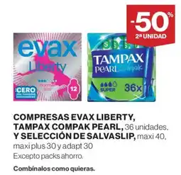 El Corte Inglés Compresas evax liberty, tampax compak pearl y selección de salvaslip oferta