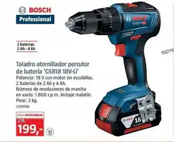 Bauhaus Taladro Atornillador Percutor De Batería 'gsb18 18v-li Bosch oferta