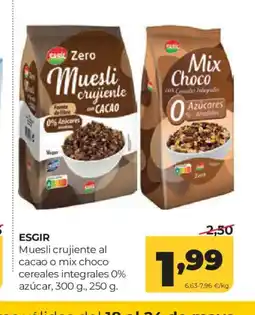 Alimerka ESGIR Muesli crujiente al cacao o mix choco cereales integrales 0% azúcar oferta