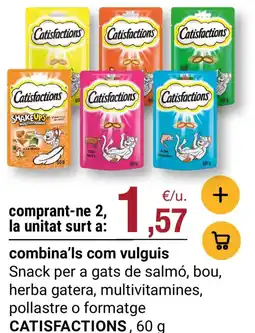 BonpreuEsclat CATISFACTIONS Snack per a gats de salmó, bou, herba gatera, multivitamines, pollastre o formatge oferta