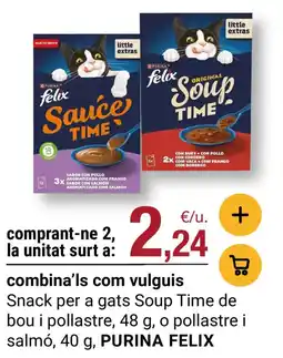 BonpreuEsclat PURINA FELIX Snack per a gats Soup Time de bou i pollastre o pollastre i salmó oferta