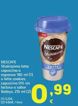 HiperDino NESCAFE Shakissimo latte capuccino o espresso o latte cookies, capuccino 0% sin lactosa o sabor Baileys oferta