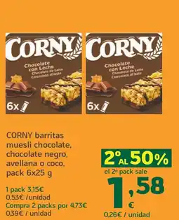 HiperDino CORNY barritas muesli chocolate, chocolate negro, avellana o coco, oferta