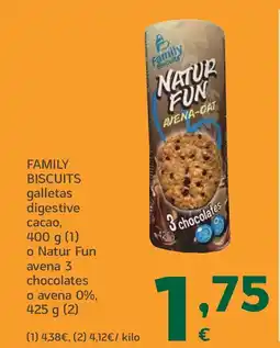 HiperDino FAMILY BISCUITS galletas digestive o Natur Fun avena 3 chocolates o avena 0% oferta
