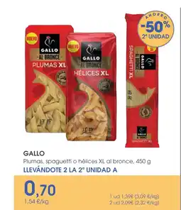 Supermercados Plaza GALLO Plumas, spaguetti o hélices XL al bronce oferta