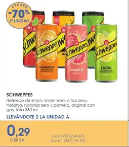 Supermercados Plaza SCHWEPPES Refresco de limón, limón zero, citrus zero, naranja, naranja zero y pomelo, original con gas, lata oferta