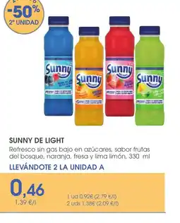 Supermercados Plaza SUNNY DE LIGHT Refresco sin gas bajo en azúcares, sabor frutas del bosque, naranja, fresa y lima limón oferta