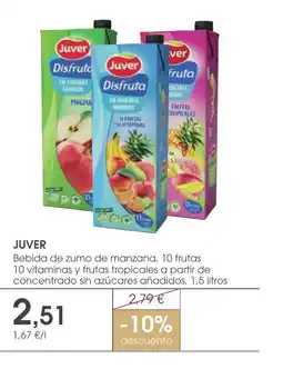 Supermercados Plaza JUVER Bebida de zumo de manzana, 10 frutas 10 vitaminas y frutas tropicales a partir de concentrado sin azúcares añadidos oferta