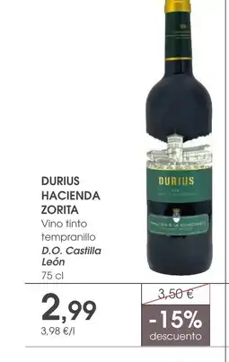 Supermercados Plaza DURIUS HACIENDA ZORITA Vino tinto tempranillo D.O. Castilla León oferta