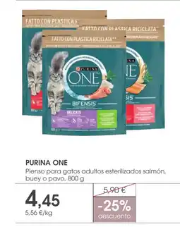 Supermercados Plaza PURINA ONE Pienso para gatos adultos esterilizados salmón, buey o pavo oferta