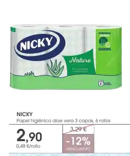 Supermercados Plaza NICKY Papel higiénico aloe vera 3 capas, 6 rollos oferta
