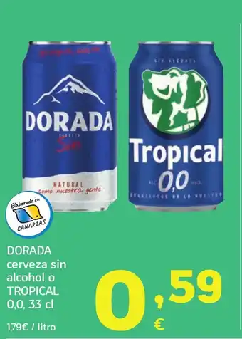 HiperDino DORADA cerveza sin alcohol o TROPICAL 0,0, oferta