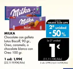 Supermercados Lupa MILKA Chocolate con galleta Lotus Biscoff, Oreo, caramelo, o chocalate blanco con Oreo oferta