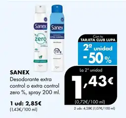 Supermercados Lupa SANEX Desodorante extra control o extra control zero %, spray oferta