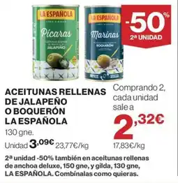 Hipercor LA ESPAÑOLA Aceitunas rellenas de jalapeño o boquerón oferta