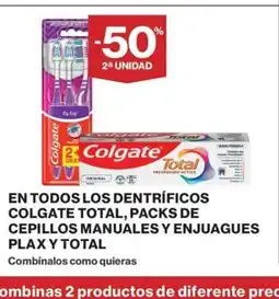 Hipercor En todos los dentríficos colgate total, packs de cepillos manuales y enjuagues plaxy total oferta