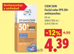 Lidl CIEN SUN Facial solar FPS 50+ antimanchas oferta
