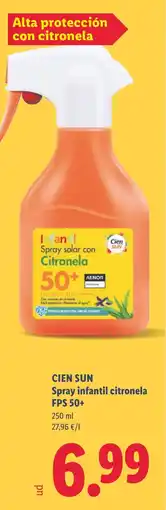 Lidl CIEN SUN Spray infantil citronela FPS 50+ oferta