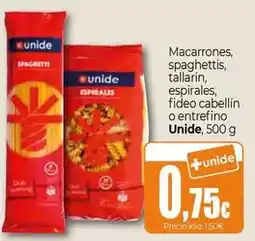 Unide Supermercados Unide - macarrones, spaghettis, tallarin, espirales, fideo cabellin o entrefino oferta