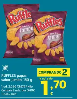 HiperDino RUFFLES papas sabor jamón, oferta