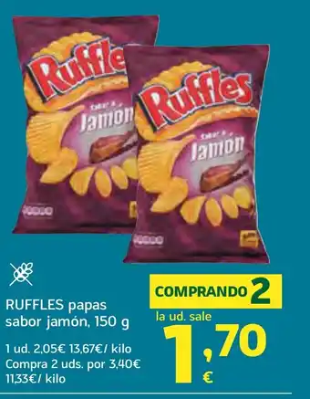 HiperDino RUFFLES papas sabor jamón, oferta