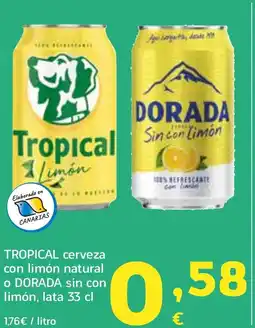 HiperDino TROPICAL DORADA cerveza con limón natural o sin con limón, lata oferta