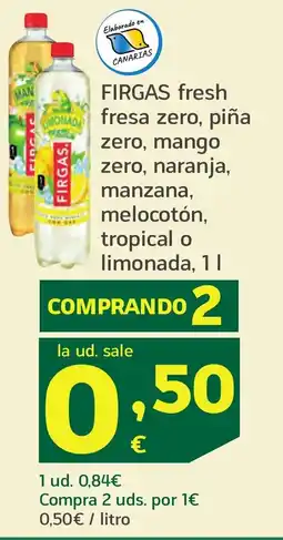 HiperDino FIRGAS fresh fresa zero, piña zero, mango zero, naranja, manzana, melocotón, tropical o limonada oferta