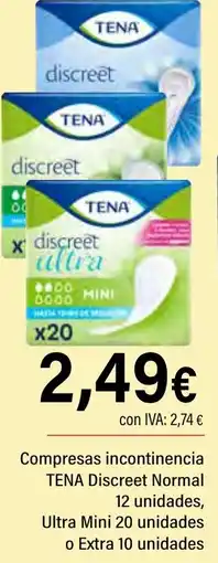 Cash Ifa TENA Compresas incontinencia Discreet Normal 12 unidades, Ultra Mini 20 unidades o Extra 10 unidades oferta