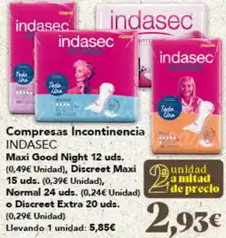 Gadis INDASEC Compresas incontinencia maxi good night 12 uds. (0,49€ unidad), discreet maxi normal o discreet extra oferta