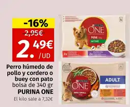 Maskom Supermercados PURINA ONE Perro húmedo de pollo y cordero o buey con pato bolsa oferta