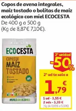 Alcampo Ecocesta Copos de avena integrales, maíz tostado o bolitas de maíz ecológico con miel oferta