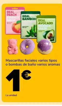 Supeco Mascarillas faciales varios tipos o bombas de baño varios aromas oferta