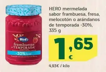HiperDino Hero mermelada sabor frambuesa, fresa, melocotón o arándanos de temporada oferta