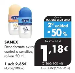 Supermercados Lupa SANEX Desodorante extra control o sensitive, roll-on oferta