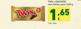 HiperDino Twix O Snickers Chocolatina pack 3x50g oferta