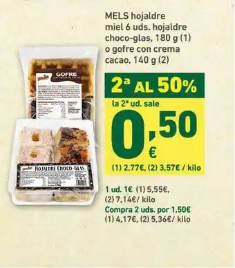 HiperDino Mels Hojaldre Miel 6 uds. Hojaldre Choco-glas 180g O Gofre Con Crema Cacao, 140g oferta