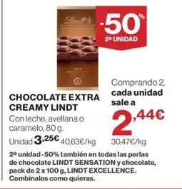 Hipercor LINDT Chocolate extra creamy oferta
