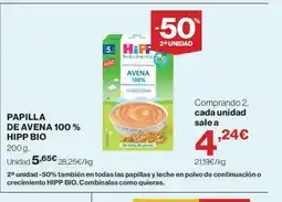Hipercor HIPP BIO Papilla de avena 100% oferta